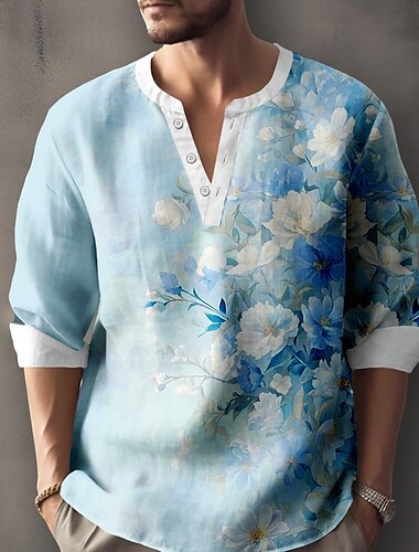 Homme Imprimé Floral Fleurs Chemise Chemise Henley Tunique manche longue Occasionnel Extérieur Vacances Quotidien Été Printemps Col en V Boutonner Impression 3D Chemise en lin Rose Claire Bleu Violet