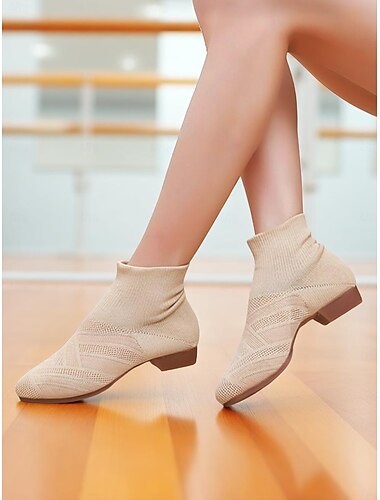  Beige Strick-Tanzstiefel für Damen, atmungsaktive, elastische Jazzschuhe im Socken-Stil für Training und Bühnenauftritte