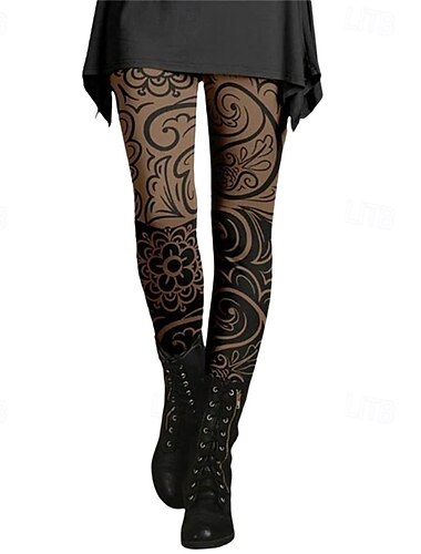  Damen Stoffhosen Leggings Streetwear Lässig Volle Länge Natürliche Taille Blume Elastischer Bund Druck Bequem Außenbereich Urlaub Ausgehen Schwarzgrau Weinrot Dunkelrot Kamel Herbst Normale Passform