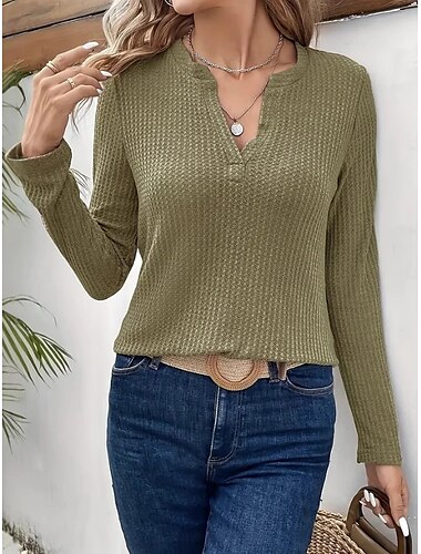  Dam Blus Ensfärgat Stylish Ledigt Långärmad V-hals Vanliga toppar Dagligen Armégrön Sommar Vår