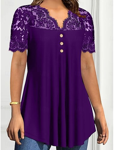  Damen Spitzenbluse Einfarbig Stilvoll Lässig Kurzarm V Ausschnitt Normale Oberteile Täglich Spitze Patchwork Knöpfe Schwarz Wein Purpur Sommer Frühling