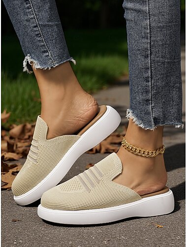  Beige Flyknit-Slip-On-Pantoletten für Damen – leichte, atmungsaktive Wanderschuhe für Parkspaziergänge, Reisen und Besorgungen im Herbst