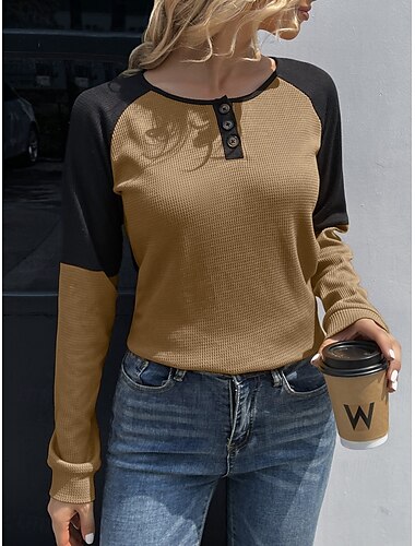  Mujer Blusa Bloque de color Elegante Casual Manga Larga Cuello Barco Tops regulares Diario Retazos Botones Amarillo Vino Verano Primavera