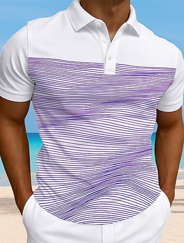  Herren Gestreift Wellen Polo Kurzarm Polokragen Urlaub Athleisure Alltagstauglich 3D-Druck Knöpfe Sommer Violett Rubinrot Grün