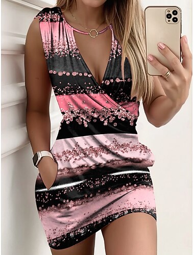  Damen Minikleid Etui-Kleid Wickelkleid Sommerkleid Lässig Täglich Normale Passform Grafik Geometrisch Ärmellos V Ausschnitt Rosa Blau Purpur Grün Sommer