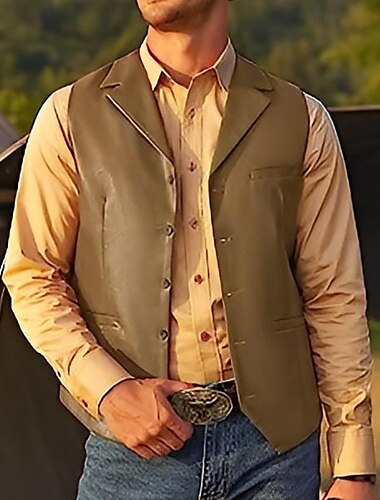  Herren Kunstlederjacke Weste Gilet Outdoor Täglich Mode Lässig Frühling Herbst Tasche Knöpfe 30% Baumwolle Bequem Einfach Einreihig Ein-Knopf Revers Normale Passform Dunkelbraun Schwarz Wein Khaki