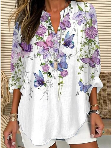  Femmes Chemise Animal Papillon Élégant Moderne manche longue Col en V Hauts Réguliers Quotidien Fête Boutons Imprimé Blanche Gris Été