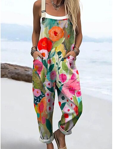  Dam Jumpsuits Aktiv Blommig Ärmlös Snörning Semester Dagligen Lös passning Gul Rubinrött Blå Sommar