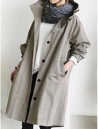  Damen Trenchcoat Bequem Atmungsaktiv Knöpfe Lässig Einfarbig Urlaub Straße Lässig Alltagskleidung Einreihig Lang Mit Kapuze Normale Passform Langarm Oberbekleidung Hellblau Rote Khaki Frühling Herbst