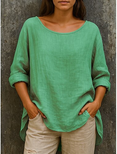  Dame Sommertoppe Bluse Retro / vintage Basale Klassisk Langærmet Rund hals Almindelige toppe Himmelblå Grøn Kakifarvet Rose Lyserød Sommer Forår Efterår