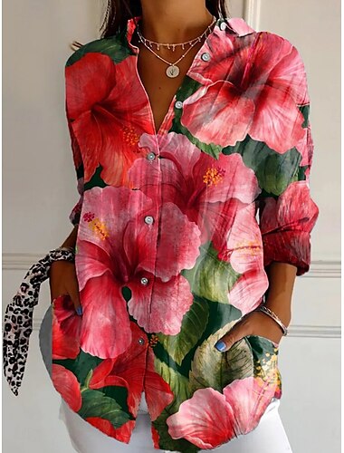  Damen Hemd Blumen Stilvoll Modern Langarm Hemdkragen Normale Oberteile Täglich Ferien Tasche Knöpfe Druck Gelb Rosa Marineblau Purpur Sommer
