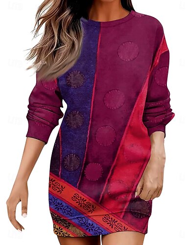  Mujer Mini vestido Vestido de cambio Casual Vacaciones Hogar Festivos Ajuste regular Graphic Bloque de color Manga Larga Cuello Barco Rojo Azul Piscina Morado Gris Oscuro Otoño Invierno