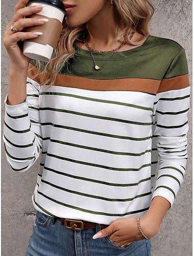  Women's T Shirt Graphic Striped Stylish Classic Casual Long Sleeve Crew Neck Regular Tops Daily Weekend Print Black Navy Blue Green Gray Summer Spring Fall