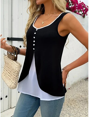  Damen Camisole-Tanktop Einfarbig Täglich Stilvoll Lässig Ärmellos U-Ausschnitt Normale Oberteile Täglich Patchwork Knöpfe Schwarz Rote Sommer