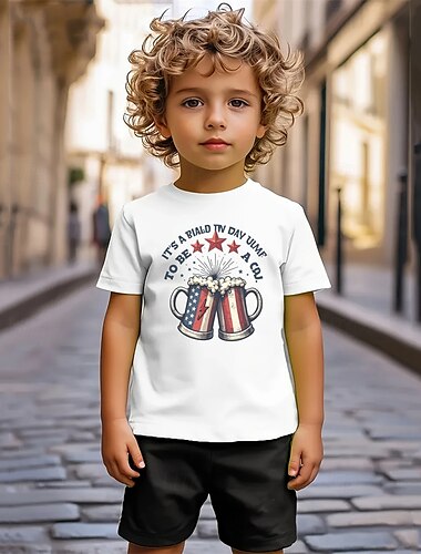  Amerikanischer Unabhängigkeitstag Jungen 3D Grafik Flagge T-Shirt Kurzarm Sommer Frühling Mode Basic Kinder 4-12 Jahre Rundhalsausschnitt Outdoor Lässig Täglich Normale Passform