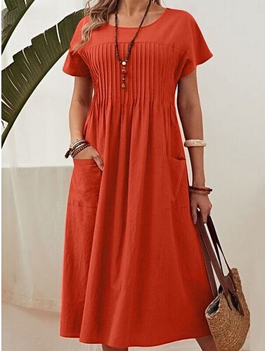  Damen Midikleid A Linie Kleid Sommerkleid Lässig Täglich Normale Passform Einfach Kurzarm Rundhalsausschnitt Rote Marineblau Armeegrün Sommer