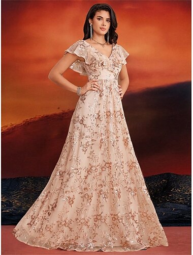  A-Linie Quinceanera-Kleider Elegant Kleid Formell Hochzeit Bodenlang Kurzarm V Ausschnitt Paillettenbesetzt V-Ausschnitt mit Paillette 2025