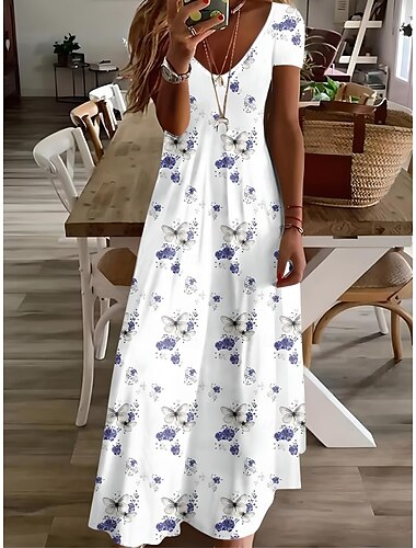  Damen Midikleid Sommerkleid A Linie Kleid Urlaub Lässig Boho Ausgehen Strand Standard Passform Blumen Grafik Kurzarm V Ausschnitt Graues Grün Weiß Hellgrün Rote Sommer Frühling