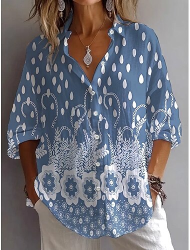  Damen Hemd Bluse Blumen Grafik Vintage Täglich Stilvoll Langarm Hemdkragen Normale Oberteile Täglich Ferien Ausgehen Gerafft Bestickt Knöpfe Blau Khaki Hellgrau Sommer Frühling