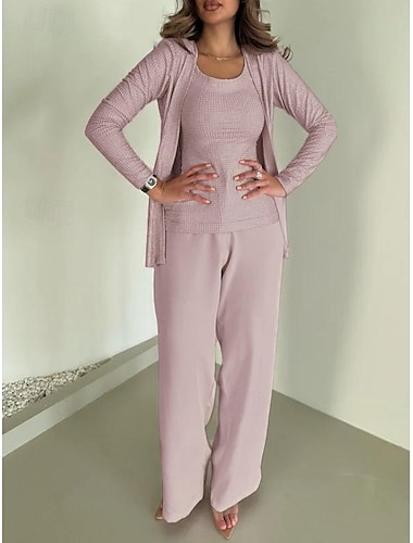  Jumpsuit / Hosenanzug 3-teiliger Hosenanzug für die Mutter der Braut, Hosenanzug mit Jacke, eleganter Vintage-Stil, schlichter Rundhalsausschnitt, bodenlang, Hosen, Stretch-Crêpe-Jersey, lange Ärmel