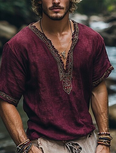  Herren Leinenhemd Sommerhemd Vintage-Shirt Kurzarmshirt Ethno-Hemd Patchwork Urlaub Straße Fuchsie Kurzarm V Ausschnitt Sommer Bekleidung Ethnisch & Religiös