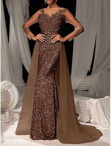  Meerjungfrauenschnitt Abendkleid Elegant Kleid Formell Hochzeit Bodenlang Langarm Rundhalsausschnitt Tüll mit Paillette 2025