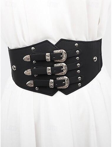  Breiter elastischer Taillengürtel für Damen mit dreifacher Vintage-Schnalle – Gothic-Korsett-Mieder aus Kunstleder für Kleider und Kostüme