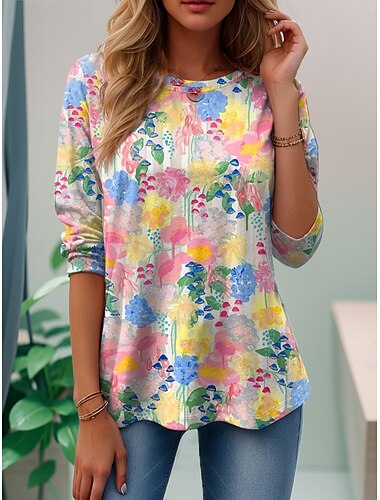  Women's T Shirt Floral Graphic Plants Stylish Casual Trendy Long Sleeve Crew Neck Regular Tops Daily Weekend Print White Pink Red Summer