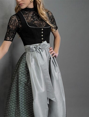  Oktoberfest Dames Zwart Zilveren Dirndl Jurk met Schort
