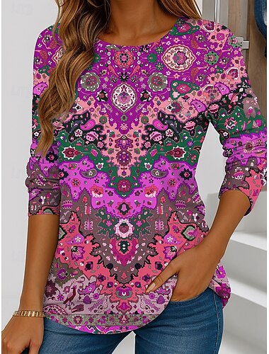  Damen T Shirt Grafik Abstrakt Geometrie Vintage Stilvoll Lässig Langarm Rundhalsausschnitt Normale Oberteile Täglich Wochenende Druck Rote Blau Purpur Grün Sommer