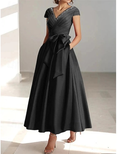  A-Linie Cocktailkleider Elegant Kleid Formell Hochzeit Knöchellänge Kurzarm V Ausschnitt Tasche Satin mit Schleife(n) Perlenstickerei 2025