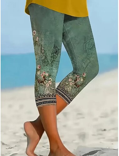  Femmes Leggings Vacances ancien Style Ethnique Longueur mollet Taille haute Fleuri Graphique Respirant Séchage Rapide Doux Élastique Extérieur Vacances Décontracté Vert Été Printemps Coupe Slim