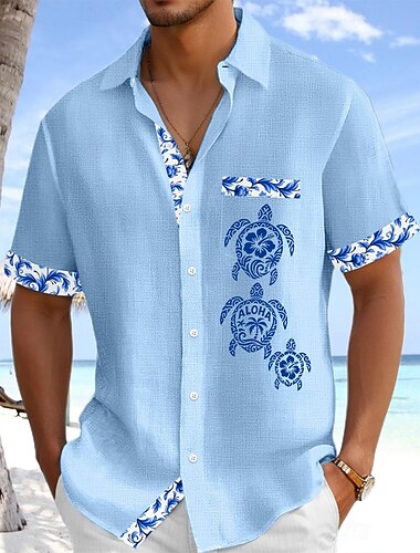  Herren Hemd Leinenhemd Sommerhemd Strandhemd Knopfhemd Blumen Lässig Ferien Weiß Rosa Marineblau Himmelblau Kurze Ärmel Umlegekragen Sommer Bekleidung Fronttasche