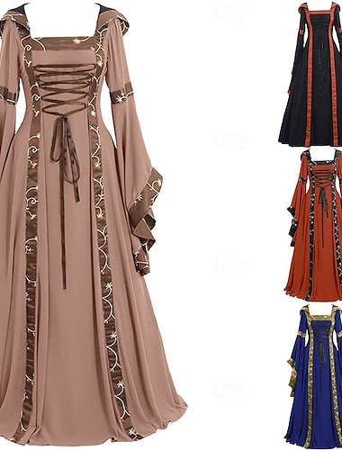  Middeleeuws Renaissance 18de eeuw Lange Lengte Jurken Ren Faire Flare manchet mouw Viking Outlander Grote maten Effen Kleur Vierkante hals Dames Keltisch Fantasie Maskerade Feesten & Uitgaan Festival