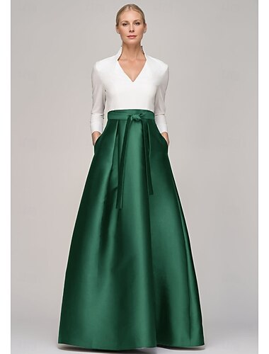  schwarz-weißes A-Linien-Abendkleid, elegantes Kleid für formelle Hochzeitsgäste, bodenlang, lange Ärmel, V-Ausschnitt, Tasche, Satin mit Schleife(n), 2025