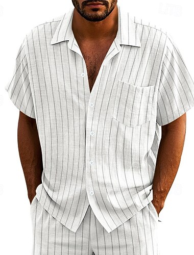  Miesten Paita Pellava paita Rento paita Button Up paita Puuvillainen paita Raita Loma Katu Musta Valkoinen Laivaston sininen Khaki Lyhythihainen Sänkyjen avaus Kesä Vaatetus Painike alas