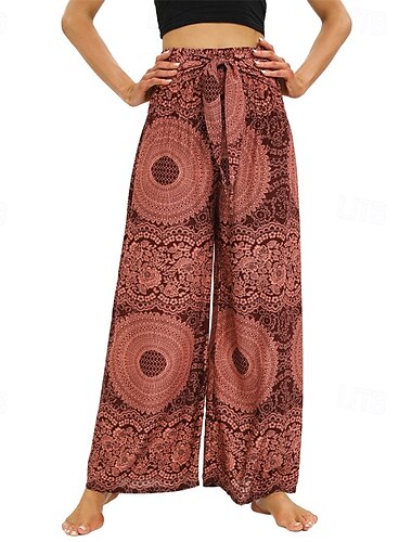  Damen Weites Bein Hosen Hose Lässig Boho Volle Länge Hohe Taille Druck Tasche Elastisches Kordelzugdesign Atmungsaktivität Weich Mikroelastisch Urlaub Straße Alltagskleidung Rote Grün Sommer Frühling