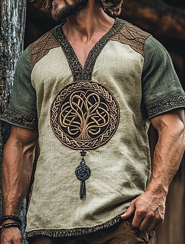  Herren T Shirt T-Shirt Kurzarmshirt Kurzarm V Ausschnitt Sommer Baum Wikinger Bohemien Vintage Lässig Ethnisch & Religiös Spleißen Urlaub Straße Alltagstauglich Grün Top T-Shirt für Herren