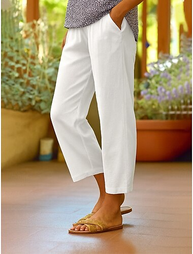  Damen Baumwoll-Leinen-Hose Urlaub Vintage Ethno-Stil Knöchellang Hohe Taille Einfarbig Bequem Atmungsaktiv Weich Mikro-Elastisch Armeegrün Dunkelrot Schwarz Weiß Sommer Frühling Lockere Passform