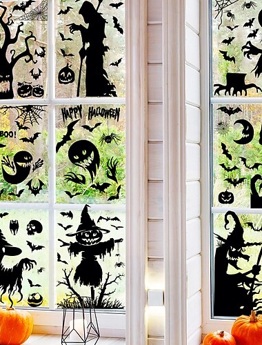  9 listů halloweenských samolepek na okno, dekorace s oboustrannou tematikou, smrtka, čarodějnice, netopýr, pavučina, silueta, statické samolepky na skleněná okna, zeď, párty dekorace