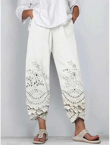  Damen Chinos Baggy-Hosen Urlaub Vintage Ethno-Stil Volle Länge Hohe Taille Blumen Grafik 3D Patchwork Bestickt Tasche Atmungsaktiv Mikroelastisch Urlaub Lässig Täglich kleiner Finger Rubinrot Perle