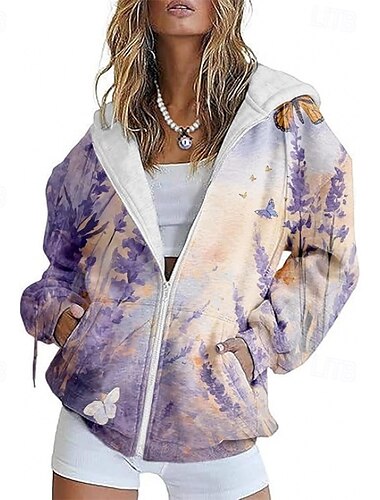  Damen Freizeitjacke Bequem Tasche Druck Sport Mode Outdoor Blume Alltagstauglich Wochenende Reisverschluss Regulär Mit Kapuze Normale Passform Langarm Oberbekleidung Schwarz Violett Purpur Frühling