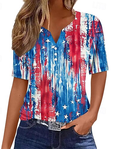  Amerikanischer Unabhängigkeitstag Damen T Shirt Nationalflagge Mode Lässig Kurzarm V Ausschnitt Normale Oberteile Täglich Ausgehen Wochenende Druck Weiß Gelb Rosa Wein Rote Sommer