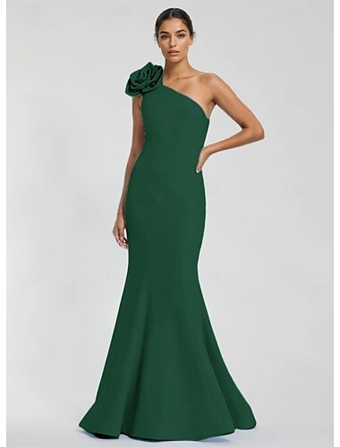  Rochie de seară sirenă/trumpetă elegantă formală rochie pentru invitați la nuntă lungime până la podea fără mâneci un umăr crep elastic cu pliseuri