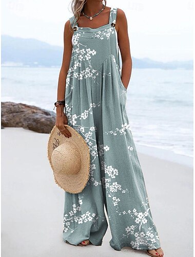  Dam Jumpsuits Aktiv Blommig Ärmlös Brett skaft Semester Gata Lös passning Rodnande Rosa Blå Purpur Sommar