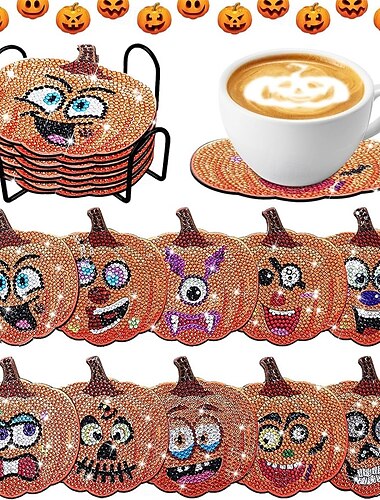  ハロウィンかぼちゃ木製コースターセット10個、手作りDIYドットダイヤモンドアートカップマット、パーティーテーブル装飾用スタンド付き断熱ノンスリップドリンクコースター