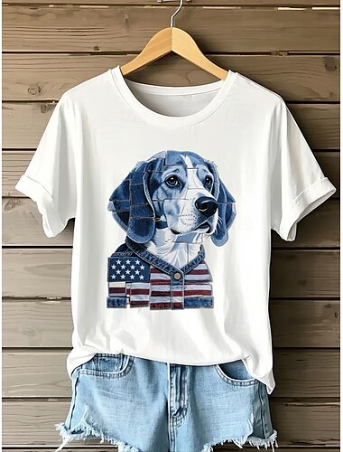  Unabhängigkeitstag Frauen Patriotic Fourth of July T-Shirt Grafik Tier Flagge Vintage Stylisch Lässig Kurzarm Rundhalsausschnitt Reguläre Oberteile Täglich Druck Maroon Rot Blau Sommer Frühling