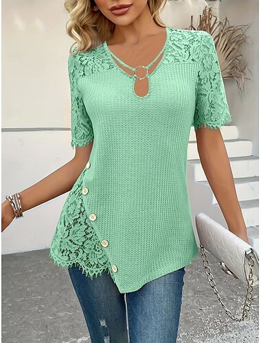  Damen Bluse Einfarbig Elegant Stilvoll Lässig Kurzarm V Ausschnitt Normale Oberteile Täglich Ferien Spitze Knöpfe Purpur Grün Khaki Sommer