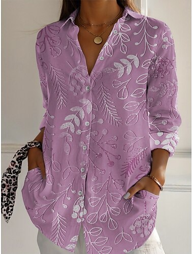 Per donna Camicia Foglia Attivo Quotidiano Elegante Manica Lunga Colletto a Camicia Top Regolari Quotidiano Ferie Bottoni Stampato Blu Viola Fucsia Cachi Primavera Autunno