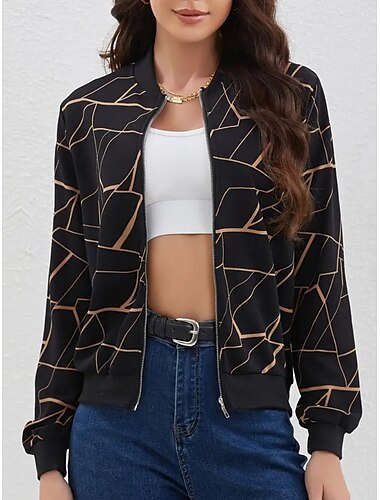  Femmes Vest Bomber Confortable Respirant Fermeture éclair Imprimé Occasionnel Géométrique Vacances Rue Occasionnel Tenue quotidienne Fermeture éclair Régulier Col montant Coupe régulière manche longue